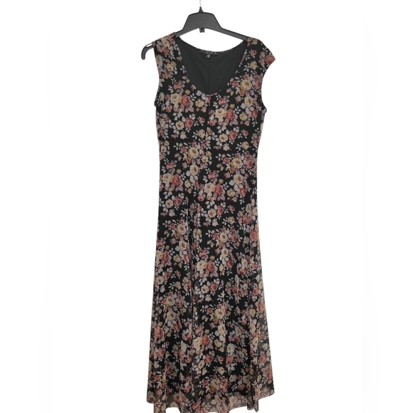 Tiana B NY Sheer Flowy Floral Print Maxi Dress Over Black Lining Med - Picture 2 of 9